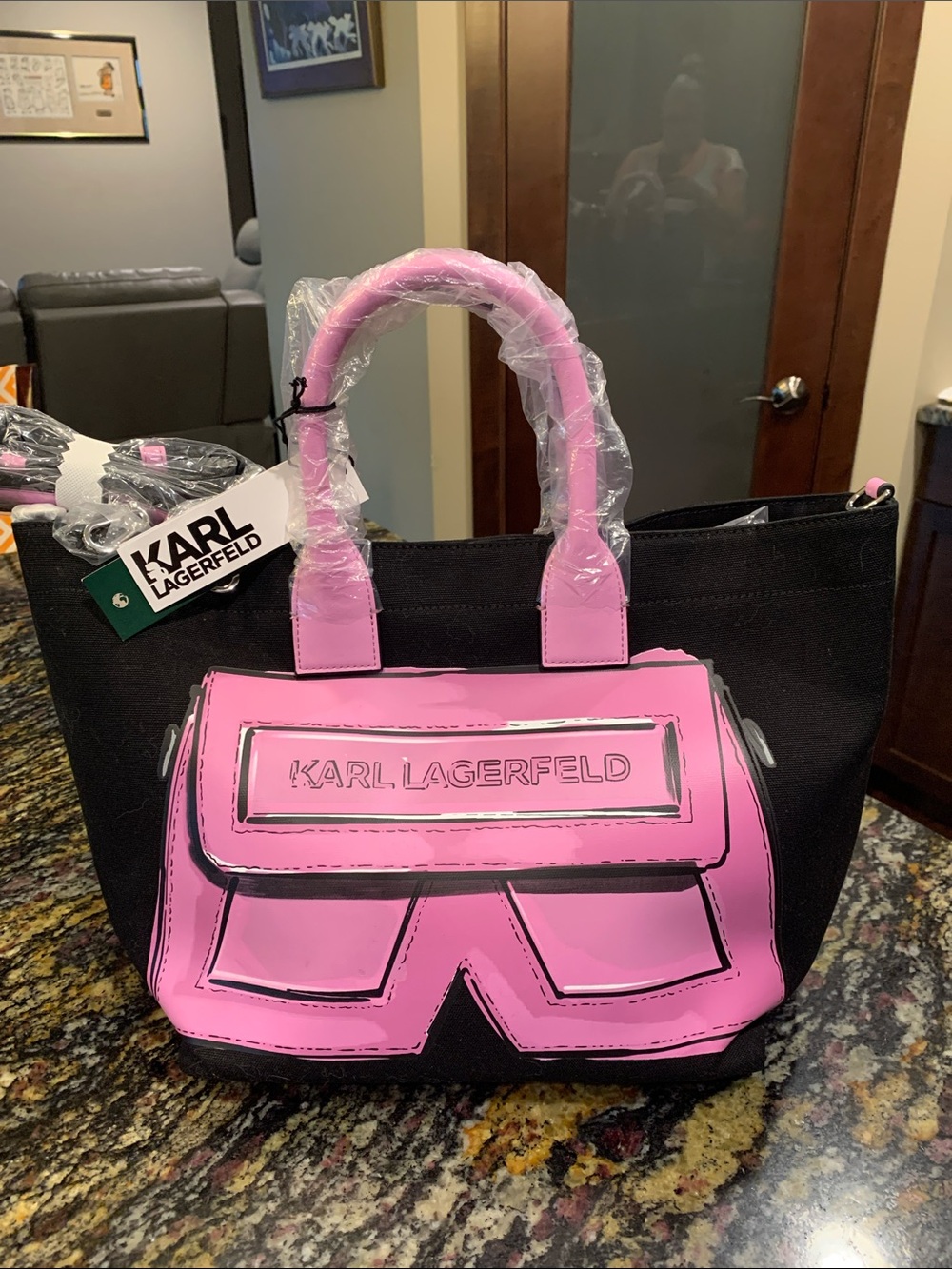Karl Lagerfeld Black Tote with Pink Graphic Front and Pink Handles